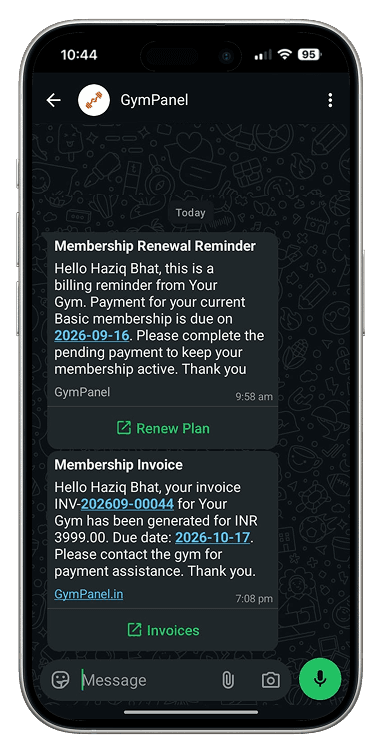 GymPanel WhatsApp notifications